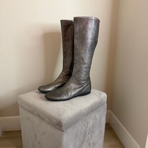 Prada “Calzature Donna” Anthracite Metallic Gray Silver Leather Boots
